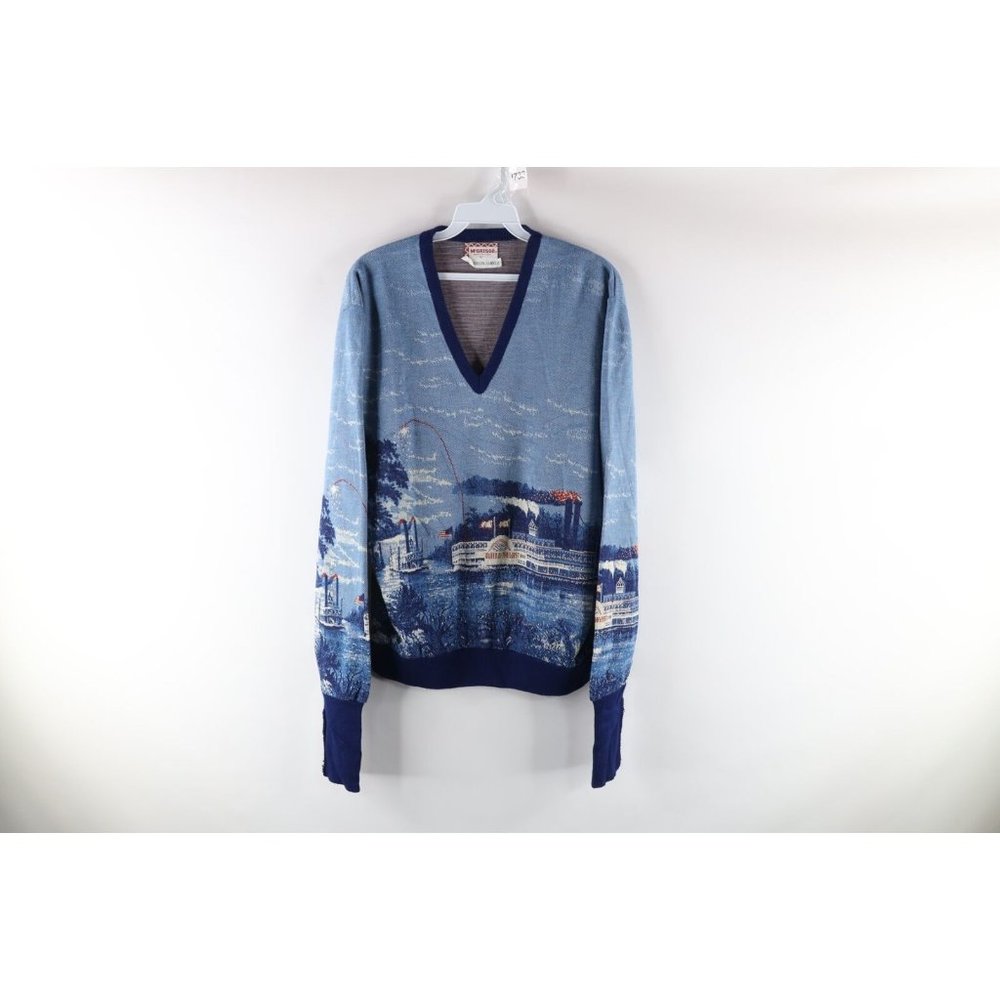 Vtg 90s Streetwear Mens Large Riverboat All Over Print Knit V-Neck Sweater USA